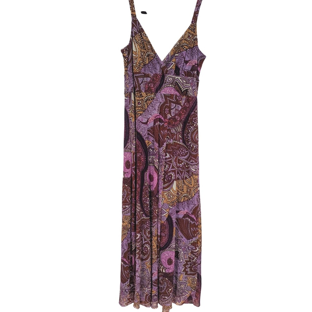 INC International Concepts Purple Paisley Mesh Maxi Dress Womens Size M V-Neck